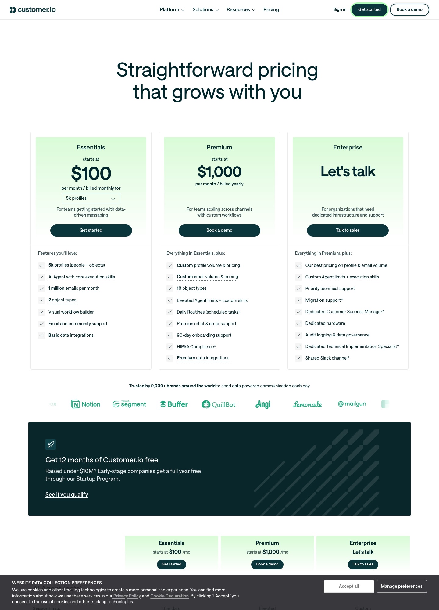 Pagina prezzi di Customer.io, catturata a ottobre 2026