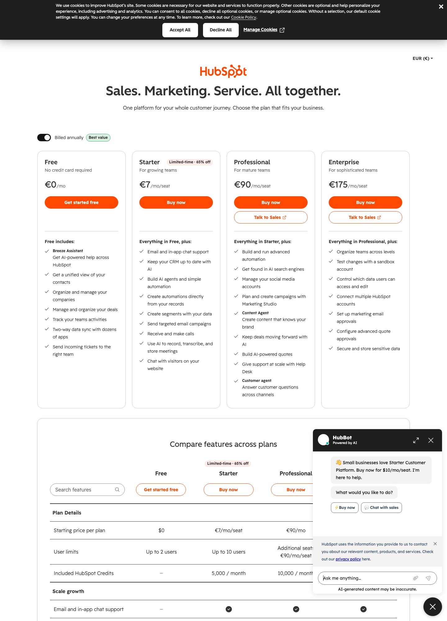 Pagina prezzi di HubSpot, catturata a ottobre 2026